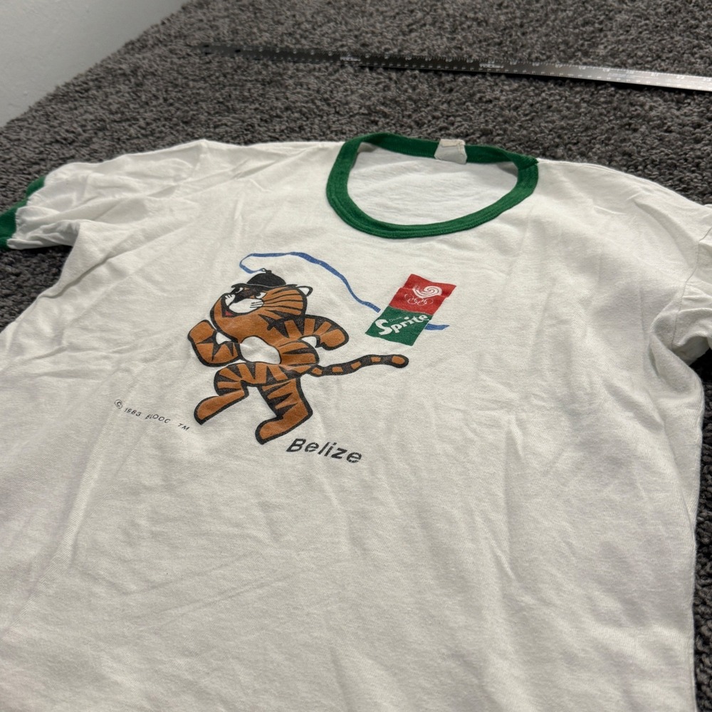 Vintage 1983 Sprite Belize Ringer T-Shirt Mens White Good Olympic Tiger M